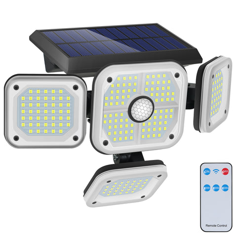 Solarlampe für den Außenbereich, Bewegungsmelder, 4 Köpfe, 231 LEDs, Solarleuchte für den Außenbereich, mit Fernbedienung, IP65, wasserdichte Solar-Außenbeleuchtung, 3 Spot-Modi, LED-Solarprojektor, Garten, Kaltweiß