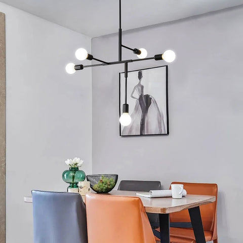 Industrieller Vintage-Kronleuchter mit E27-Sockel, 5-Licht-Molekular-Sputnik-Deckenleuchte, halbbündig montierte geometrische Metall-Pendelleuchte für den Innenbereich für Wohnzimmer, Schlafzimmer, Esszimmer und Küche (Schwarz) 