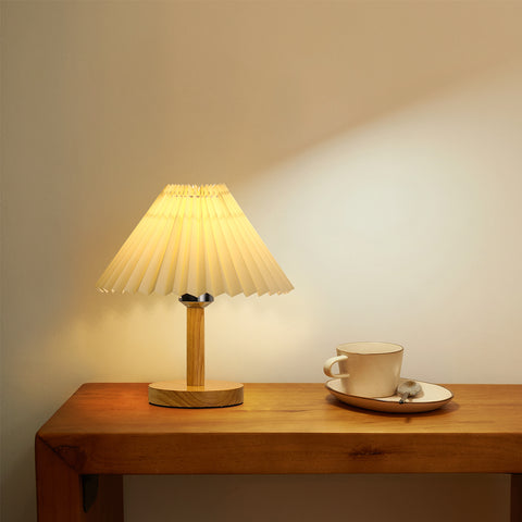 Schreibtischlampe, E27-Plissee-Tischlampe aus Holz, kreatives Mini-Stimmungslicht für Schlafzimmer