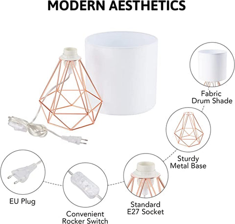 Lampenschirm, moderne Tischlampe für Schlafzimmer, Wohnzimmer, Käfiglampe mit Chrom-Finish und weißem Schirm (Roségold). Leuchtmittel nicht im Lieferumfang enthalten