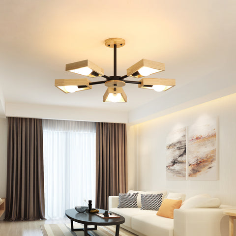 Holz-Pendelleuchte, Wohnzimmer-Kronleuchter-Lampen-Befestigung für Innenbeleuchtung, Holz-Fünf-Lichter, geometrische Pendelleuchten für 5 E27-Glühbirnen (ohne Glühbirne) 