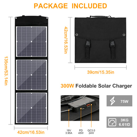 75 W effizientes faltbares MonocBN-Solarpanel, Outdoor-Reiseladegerät, faltbare Tasche mit 3 DC/USB/TYP-C-Solarmodulen