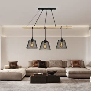Industrielle Vintage-Leuchte mit 3 Lichtern, hängender Holz-Kronleuchter im Industriedesign, industrieller Wohnzimmer-Kronleuchter mit E27-Fassung, Hängelampe aus Stahl für das Esszimmer