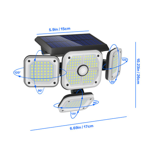 Solarlampe für den Außenbereich, Bewegungsmelder, 4 Köpfe, 231 LEDs, Solarleuchte für den Außenbereich, mit Fernbedienung, IP65, wasserdichte Solar-Außenbeleuchtung, 3 Spot-Modi, LED-Solarprojektor, Garten, Kaltweiß