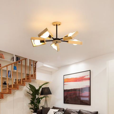 Holz-Pendelleuchte, Wohnzimmer-Kronleuchter-Lampen-Befestigung für Innenbeleuchtung, Holz-Fünf-Lichter, geometrische Pendelleuchten für 5 E27-Glühbirnen (ohne Glühbirne) 