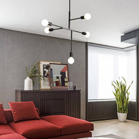 Industrieller Vintage-Kronleuchter mit E27-Sockel, 5-Licht-Molekular-Sputnik-Deckenleuchte, halbbündig montierte geometrische Metall-Pendelleuchte für den Innenbereich für Wohnzimmer, Schlafzimmer, Esszimmer und Küche (Schwarz) 