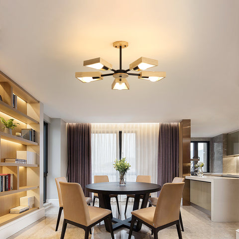Holz-Pendelleuchte, Wohnzimmer-Kronleuchter-Lampen-Befestigung für Innenbeleuchtung, Holz-Fünf-Lichter, geometrische Pendelleuchten für 5 E27-Glühbirnen (ohne Glühbirne) 