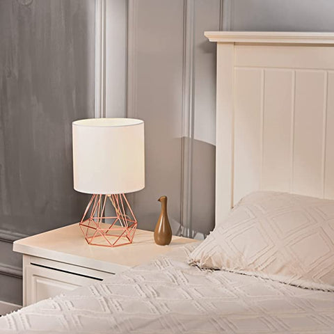 Lampenschirm, moderne Tischlampe für Schlafzimmer, Wohnzimmer, Käfiglampe mit Chrom-Finish und weißem Schirm (Roségold). Leuchtmittel nicht im Lieferumfang enthalten
