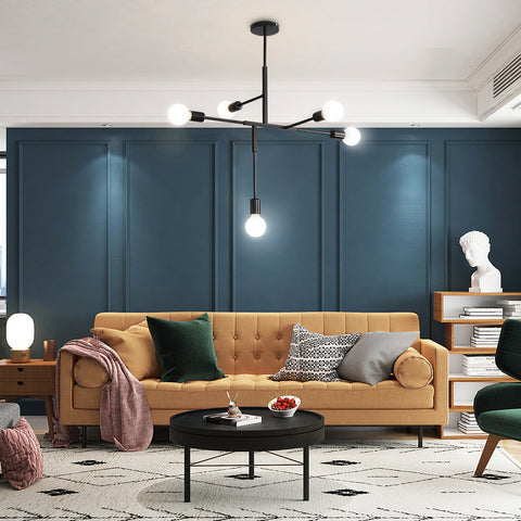 Industrieller Vintage-Kronleuchter mit E27-Sockel, 5-Licht-Molekular-Sputnik-Deckenleuchte, halbbündig montierte geometrische Metall-Pendelleuchte für den Innenbereich für Wohnzimmer, Schlafzimmer, Esszimmer und Küche (Schwarz) 