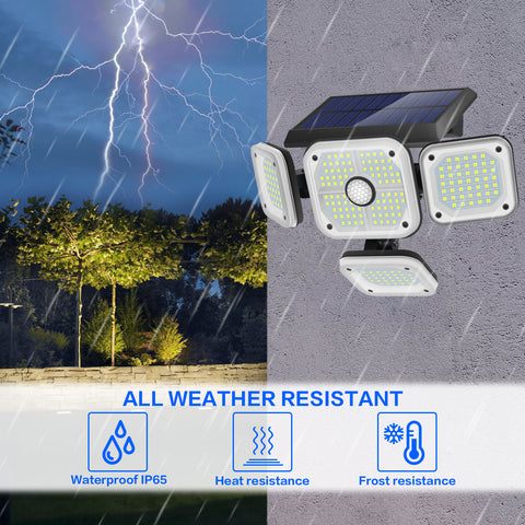 Solarlampe für den Außenbereich, Bewegungsmelder, 4 Köpfe, 231 LEDs, Solarleuchte für den Außenbereich, mit Fernbedienung, IP65, wasserdichte Solar-Außenbeleuchtung, 3 Spot-Modi, LED-Solarprojektor, Garten, Kaltweiß