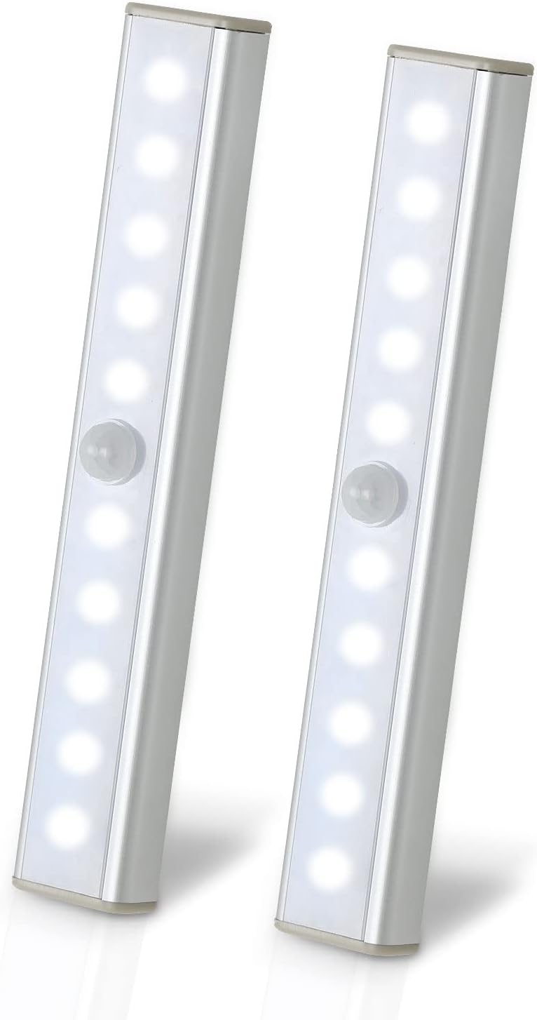 LED-Schrankleuchte, 10 LED, 6500 K weißes Licht, Bewegungssensor, wiederaufladbare Schrankleuchte mit selbstklebendem Magnetstreifen, geeignet für Küche, Treppen, Flur (2 Stück) 