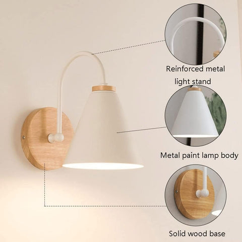 Nachttisch-Wandleuchte aus skandinavischem Holz. Wandleuchte mit 5 W E27-Glühbirne (warmweiß). Für Schlafzimmer, Wohnzimmer, Flur, Eingangsbereich. Weiß
