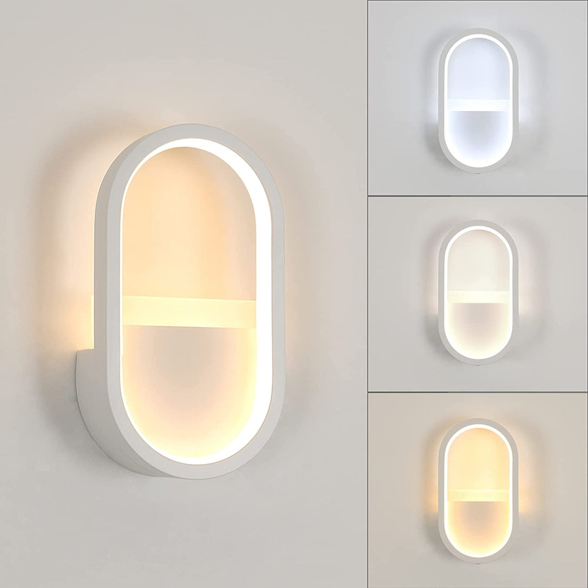 Moderne LED-Wandleuchte, 3000 K, 4000 K, 6000 K, 3-farbig verstellbare Wandlampe, 10 W, ovale Innenwandbeleuchtung für Flur, Schlafzimmer, Wohnzimmer (Schaltersteuerung), Weiß 