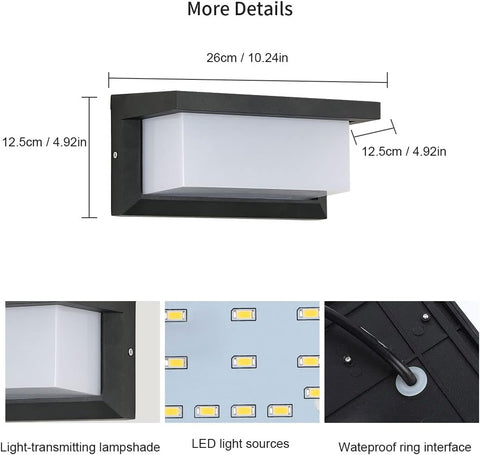 Wasserdichte Außenwandleuchte, IP65, LED-Wandleuchte, Warmweiß 3000 K, für Eingangsbereich, Korridor, Hof, Garten, Terrasse, Balkon, Garage, Schwarz 