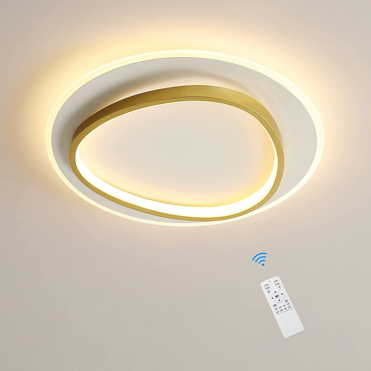 Moderne LED-Deckenleuchte, 40 W, 2700–6500 K, dimmbare LED-Deckenleuchte mit Fernbedienung, runde, halbbündige Deckenbeleuchtung für Schlafzimmer, Wohnzimmer, Büro, Arbeitszimmer (Ø40 cm, Weiß und Gold) 