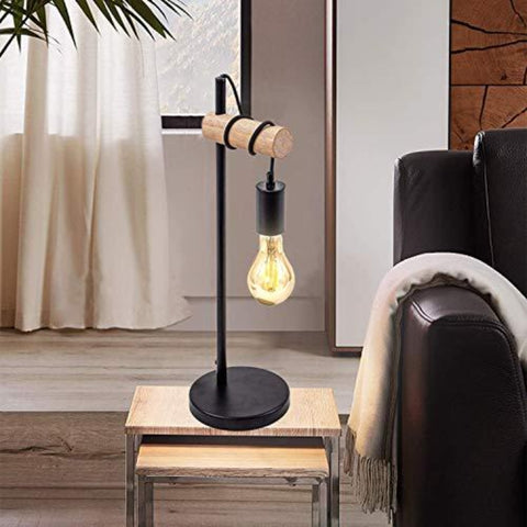 Tischlampe, Retro-Design-Leselampe, Holz und Metall, Büro- und Schlafzimmerbeleuchtung, Nachttischlampe, für E27-LED-Glühbirne, max. 10 W (schwarz)