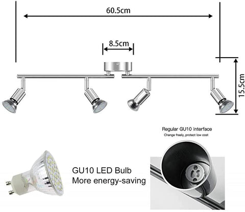 LED-Deckenstrahler, um 360° drehbare Deckenleuchten, LED-Spotbeleuchtung, moderne 4-Kopf-GU10-Deckenglühbirnen aus Metall, IP20