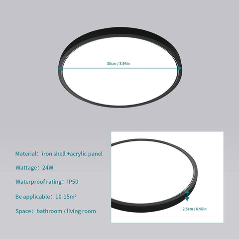 Ultradünne 24W LED-Deckenleuchte, rund, schwarz, 6500K Kaltweiß, 2160LM, IP50, Ø30cm, für Schlafzimmer, Wohnzimmer, Flur, Balkon, Badezimmer, Büro