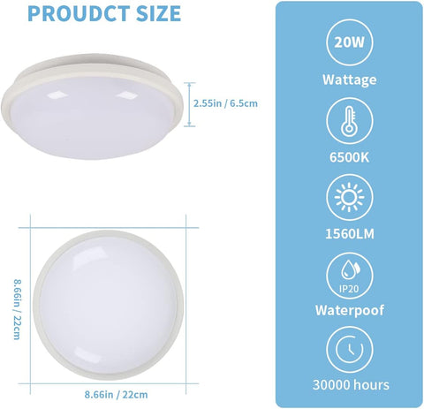 Runde LED-Deckenleuchte, Deckenlampe für Badezimmer, IP54 wasserdicht, 6500 K Kaltweiß, moderne Deckenleuchte für Badezimmer, Schlafzimmer, Küche, Wohnzimmer, Balkon, 20 W, Durchmesser 22 cm 