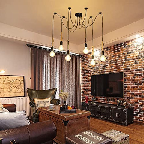 Industrielle Pendelleuchte Lampe 6 Köpfe Verstellbarer Holzkronleuchter Vintage Industrielle Deckenleuchte E27 mit 1,8 m Kabel für Esszimmer, Wohnzimmer, Bar, Restaurant