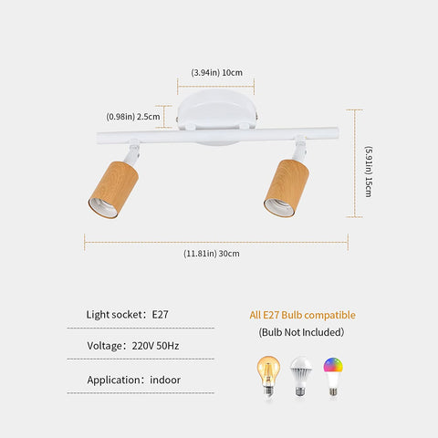 LED-Deckenleuchte, 2 verstellbare Strahler, holzweiße LED-Deckenleuchte, Innendeckenbeleuchtung für Küche, Wohnzimmer, Schlafzimmer, Flur, ohne Glühbirnen, max. 60 W