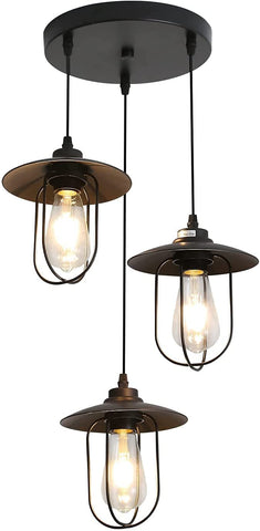Industrie Kronleuchter, Vintage 3-flammige Pendelleuchte im Industrial Design, Retro Hängelampe mit 3 Metallkäfigen, Farbe: Schwarz, Fassung: E27, 3-flammig
