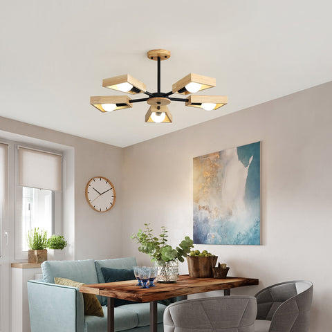 Holz-Pendelleuchte, Wohnzimmer-Kronleuchter-Lampen-Befestigung für Innenbeleuchtung, Holz-Fünf-Lichter, geometrische Pendelleuchten für 5 E27-Glühbirnen (ohne Glühbirne) 