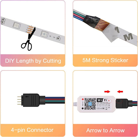 Intelligenter WLAN-LED-Streifen, 5 m, 5050 RGB-App-Steuerung, IP65 wasserdicht, mehrfarbig, flexibler Lichtstreifen mit Fernbedienung für Zuhause, Küche, Fernseher, Schlafzimmer, Party, festliche Dekoration
