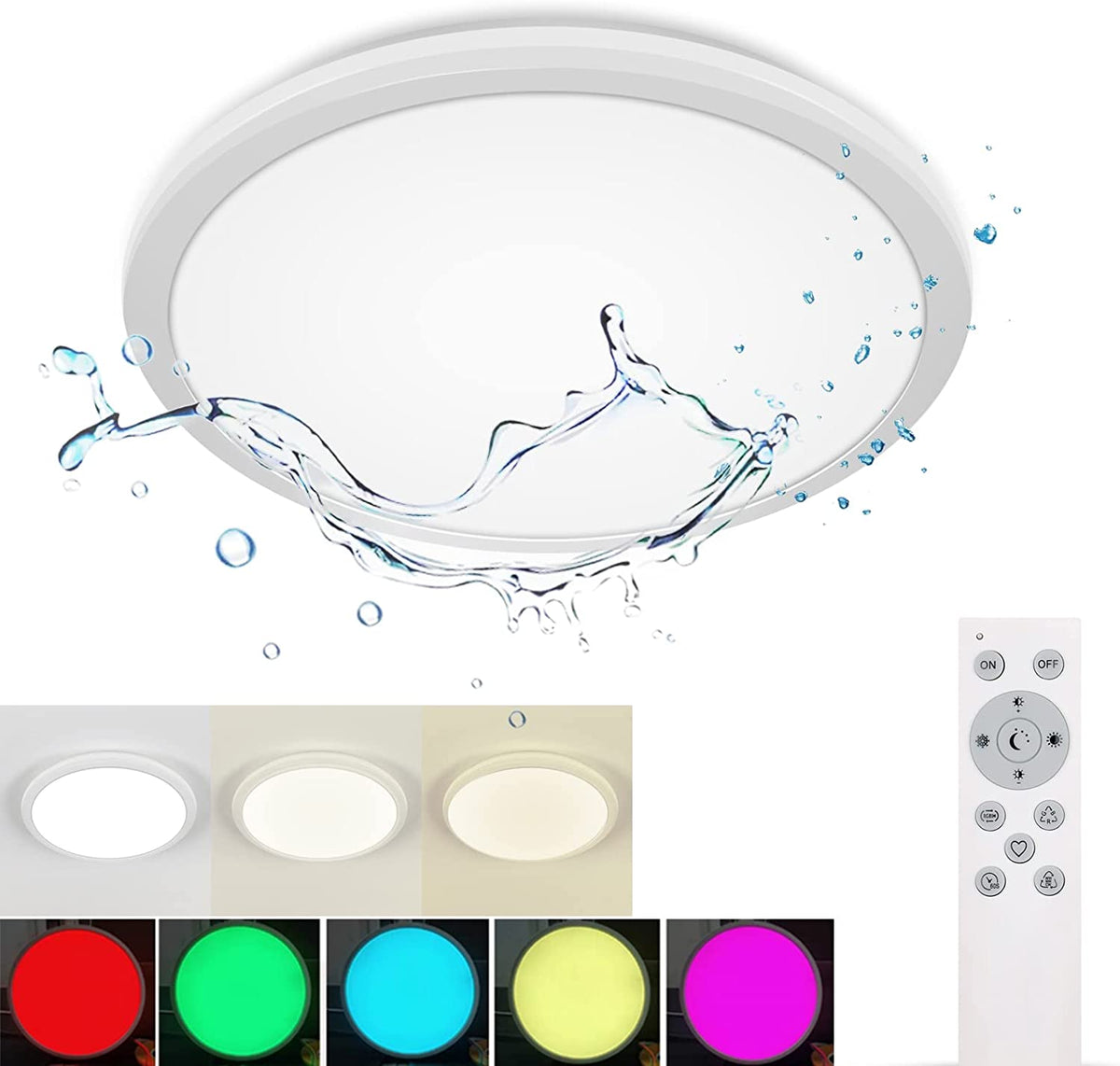 Dimmbare LED-Deckenleuchte, IP54 Badezimmer-Deckenleuchte, 24W 3100LM, 2700-6500K RGB wasserdichte moderne Deckenleuchte mit Fernbedienung für Wohnzimmer, Schlafzimmer (Ø28cm)