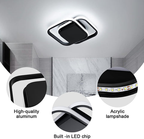 Moderne LED-Deckenleuchte, kühles Weiß, 6000 K, quadratische Deckenleuchte für Wohnzimmer, Schlafzimmer, Esszimmer, Büro, Schwarz 