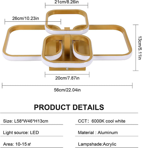 Modernes Design, LED-Deckenleuchte, quadratisch, kreisförmig, Deckenlampe, Kaltweiß 6000 K, für Wohnzimmer, Schlafzimmer, Esszimmer, Büro, Gold