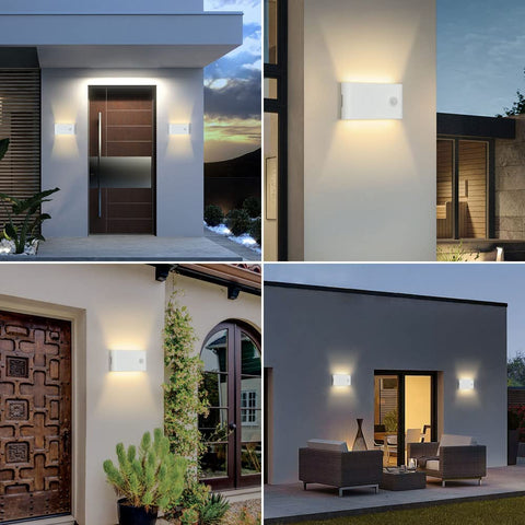 12 W Außenwandleuchte mit Bewegungsmelder, IP65 weiß matt, handwerkliches Design, Außen-/Innenwandleuchte aus Aluminium, Wandleuchte aus Acryl für Balkon, Treppen, Garten, Garage, 3000 K