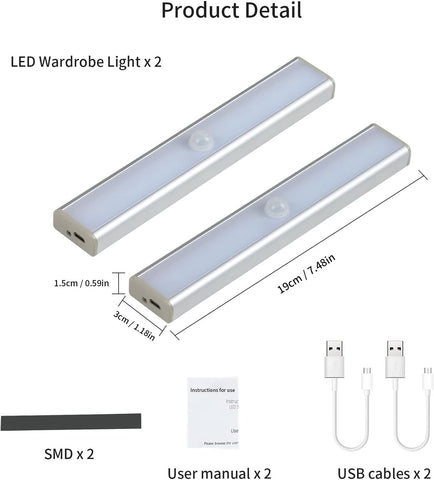 LED-Schrankleuchte, 10 LED, 6500 K weißes Licht, Bewegungssensor, wiederaufladbare Schrankleuchte mit selbstklebendem Magnetstreifen, geeignet für Küche, Treppen, Flur (2 Stück) 