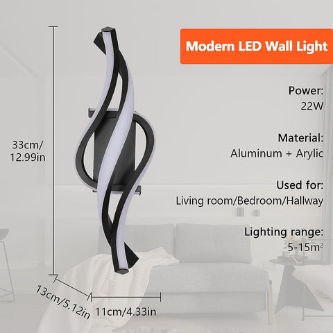 LED-Wandleuchte, 22 W, moderne Spiralform, Wandleuchte, Neutralweiß 4000 K, für Schlafzimmer, Wohnzimmer, Flur, Eingangsbereich, Schwarz 