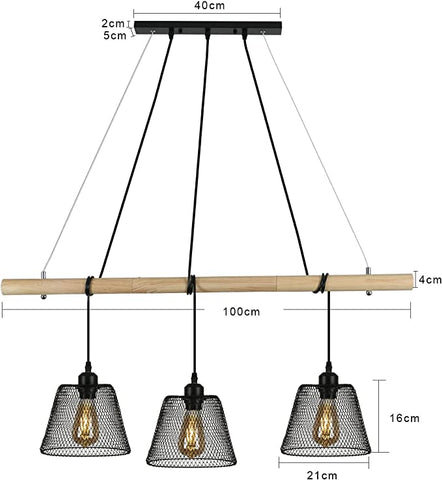 Industrielle Vintage-Leuchte mit 3 Lichtern, hängender Holz-Kronleuchter im Industriedesign, industrieller Wohnzimmer-Kronleuchter mit E27-Fassung, Hängelampe aus Stahl für das Esszimmer