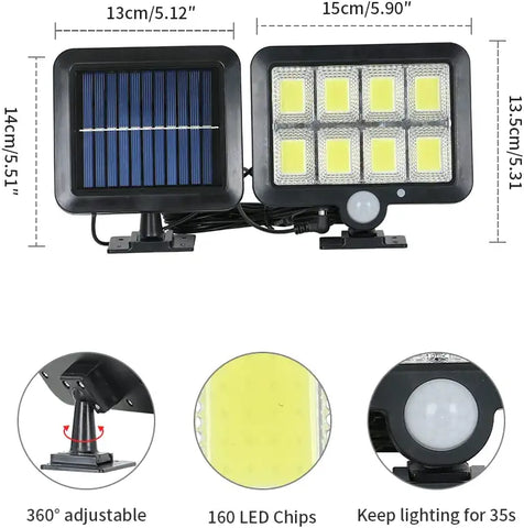 Solarleuchte für den Außenbereich, Solarleuchte mit Bewegungssensor, Sicherheitsleuchte mit 5 m Kabel, IP65 wasserdicht, 160 LEDs, 3 Modi, für Schuppen, Garage, Garten, Balkon