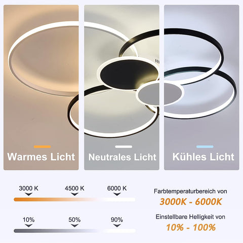 LED-Deckenleuchte, dimmbar, moderne Kreisringe-Deckenleuchte, 3000–6000 K, für Wohnzimmer, Schlafzimmer, Esszimmer, Büro