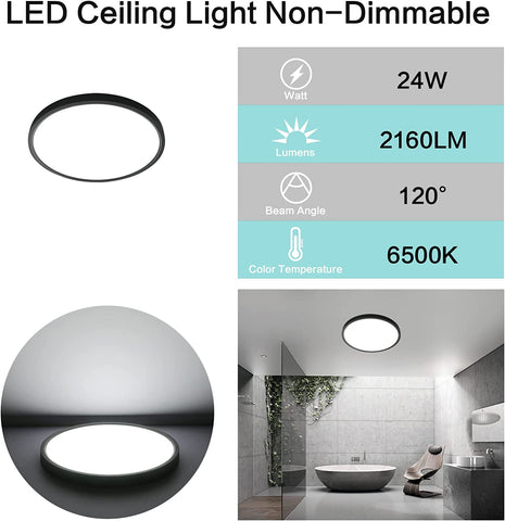 Ultradünne 24W LED-Deckenleuchte, rund, schwarz, 6500K Kaltweiß, 2160LM, IP50, Ø30cm, für Schlafzimmer, Wohnzimmer, Flur, Balkon, Badezimmer, Büro