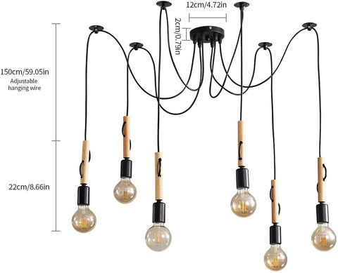 Industrielle Pendelleuchte Lampe 6 Köpfe Verstellbarer Holzkronleuchter Vintage Industrielle Deckenleuchte E27 mit 1,8 m Kabel für Esszimmer, Wohnzimmer, Bar, Restaurant