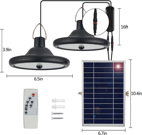 Solarleuchte für den Innen- und Außenbereich, solarbetriebene Doppelkopf-Pendelleuchte mit Bewegungsmelder und Fernbedienung, IP65 wasserdichte Pendelleuchte mit 5 m Kabel für Garten, Terrasse, Balkon, Garage, Scheune