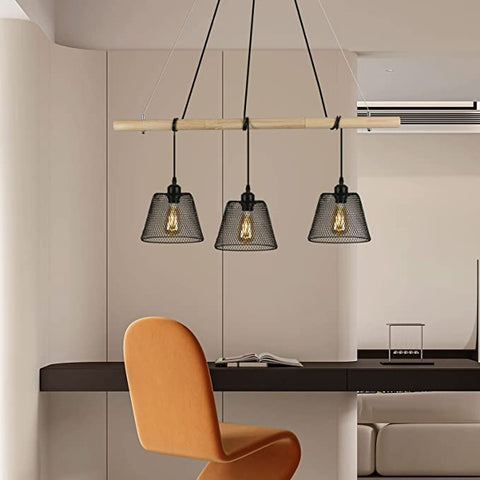 Industrielle Vintage-Leuchte mit 3 Lichtern, hängender Holz-Kronleuchter im Industriedesign, industrieller Wohnzimmer-Kronleuchter mit E27-Fassung, Hängelampe aus Stahl für das Esszimmer