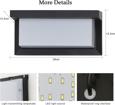 16W Außenwandleuchte, IP65 wasserdichte LED-Wandleuchte, quadratische wasserdichte Außenwandleuchten für Balkon, Garten, Terrasse, Kaltweiß 6500K, Schwarz