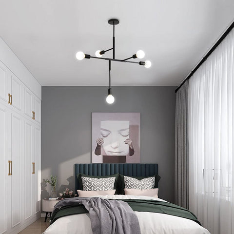 Industrieller Vintage-Kronleuchter mit E27-Sockel, 5-Licht-Molekular-Sputnik-Deckenleuchte, halbbündig montierte geometrische Metall-Pendelleuchte für den Innenbereich für Wohnzimmer, Schlafzimmer, Esszimmer und Küche (Schwarz) 