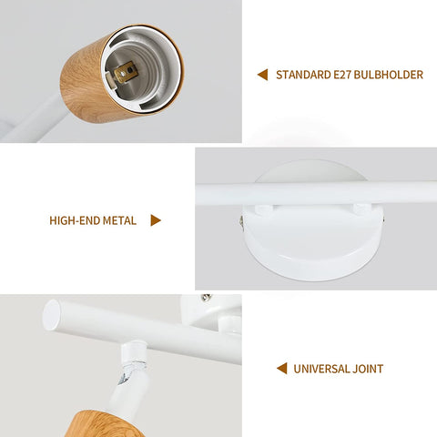 LED-Deckenleuchte, 2 verstellbare Strahler, holzweiße LED-Deckenleuchte, Innendeckenbeleuchtung für Küche, Wohnzimmer, Schlafzimmer, Flur, ohne Glühbirnen, max. 60 W