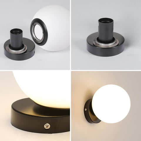 Wandleuchte für den Innenbereich, Glas, moderne kugelförmige Wandleuchte mit E27-Sockel für Schlafzimmer, Wohnzimmer, Flur, Eingangsbereich, Schwarz (Glühbirne nicht im Lieferumfang enthalten)
