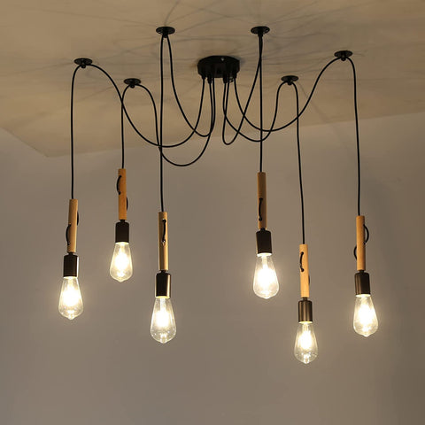 Industrielle Pendelleuchte Lampe 6 Köpfe Verstellbarer Holzkronleuchter Vintage Industrielle Deckenleuchte E27 mit 1,8 m Kabel für Esszimmer, Wohnzimmer, Bar, Restaurant