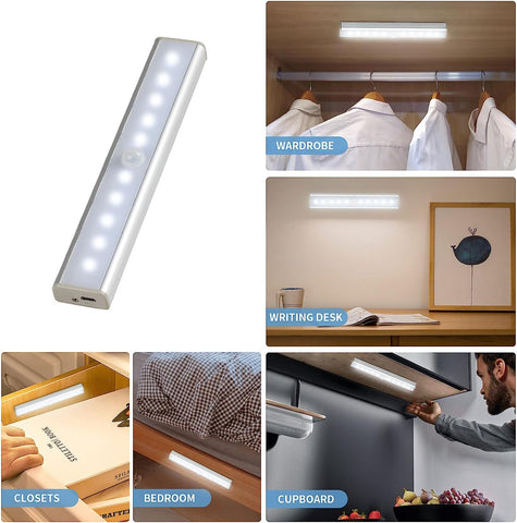 LED-Schrankleuchte, 10 LED, 6500 K weißes Licht, Bewegungssensor, wiederaufladbare Schrankleuchte mit selbstklebendem Magnetstreifen, geeignet für Küche, Treppen, Flur (2 Stück) 