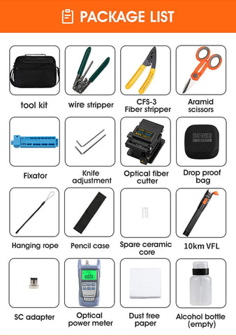 16 Stück/Kit FTTH-Glasfaserwerkzeuge mit Glasfaser-Leistungsmesser, AUA-60S-Glasfaser-Cleaver, 10 km visueller Fehlerorter