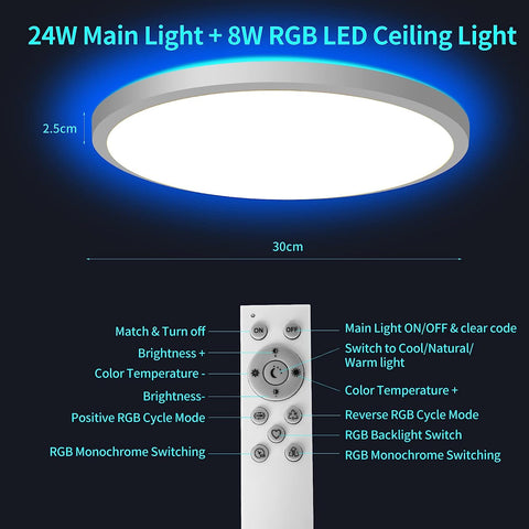LED-Deckenleuchte Dimmbar RGB 3000K-6500K Runde LED-Deckenleuchte Badezimmer Wasserdicht IP54 Für Bad, Schlafzimmer, Wohnzimmer, Küche ?30CM 