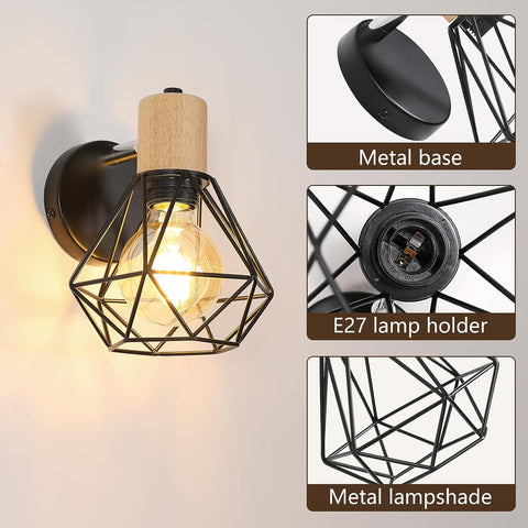 Vintage Wandleuchte für den Innenbereich – Designer Wandlampe aus Holz, Fassung E27, Beleuchtung für Schlafzimmer, Wohnzimmer, Flur, Eingang – Leuchtmittel nicht enthalten